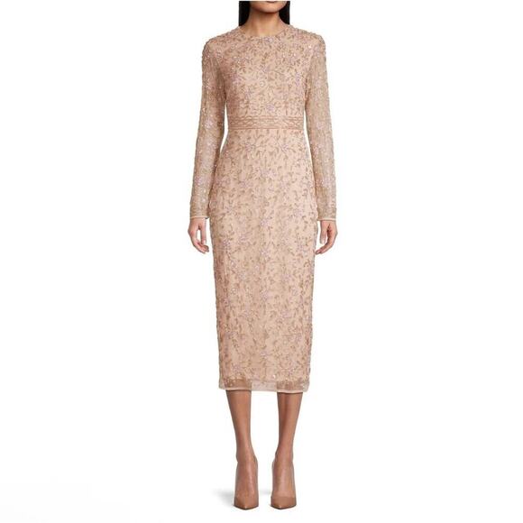 Mac Duggal Beaded Tea Length Midi Dress W/ Sheer Sleeves Porcelain Size 6 NWT - Picture 2 of 12